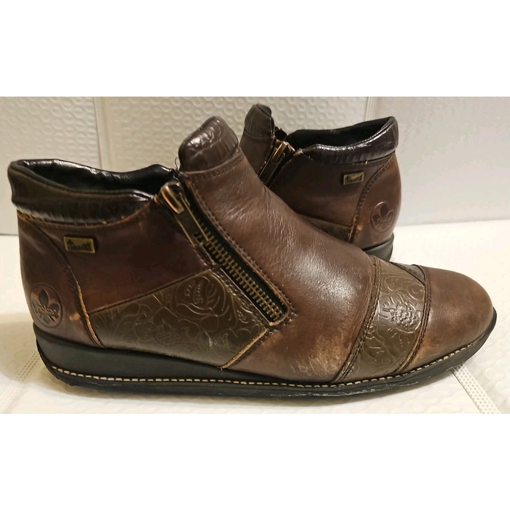 Rieker Brown Leather Ankle Boots Double Side Zip Size EU 38 Floral Etching - Picture 5 of 14